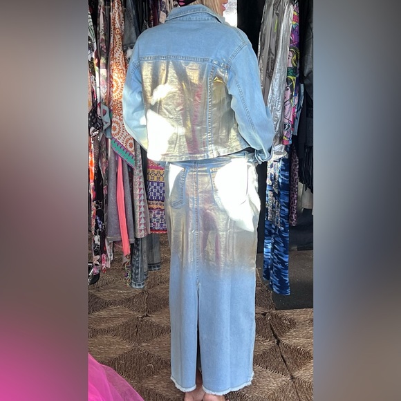 Set of Metallic Gold Denim Jeans Skirt & Jacket, Large Light Blue - Picture 4 of 16